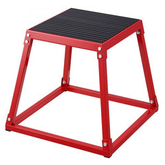 Red 18-inch steel plyometric jump box with anti-slip textured top.