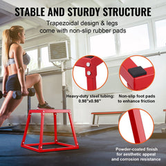 Red 18-inch steel plyometric jump box with anti-slip rubber pads and trapezoidal legs.