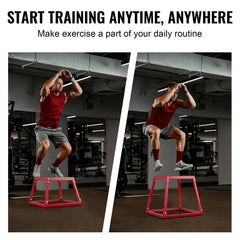 Red 18-inch steel plyometric jump box with anti-slip surface, shown in use for workouts.