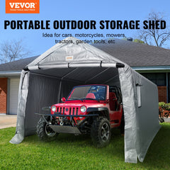 Heavy-duty portable garage carport with galvanized steel frame and triple-layer fabric cover.
