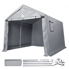 Portable storage shed with a heavy-duty frame, roll-up door, and ventilated window.