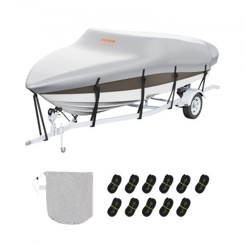 Grey waterproof boat cover on 14-16 ft trailerable V-hull boat with straps and storage bag.