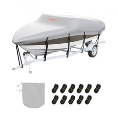 Grey waterproof boat cover on 14-16 ft trailerable V-hull boat with straps and storage bag.