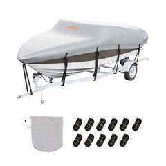 Grey waterproof boat cover for 14-16 ft trailerable V-hull boats with straps and storage bag.