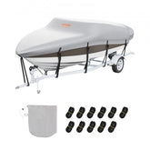 Grey 600D marine grade trailerable boat cover for 16-18.5ft boats with adjustable straps.