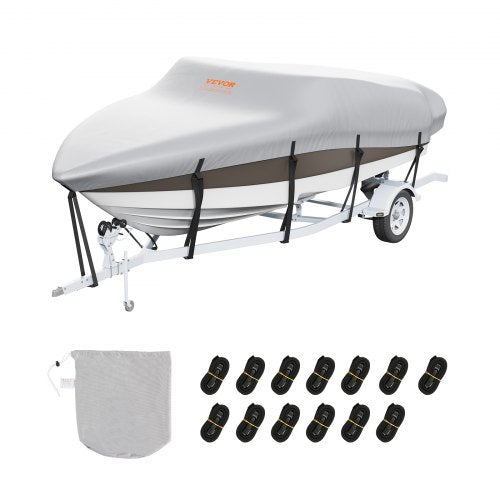 Grey 600D marine-grade trailerable boat cover for 17-19ft boats with adjustable straps.