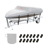 Grey 600D marine-grade trailerable boat cover for 17-19ft boats with adjustable straps.