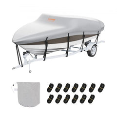 Grey 600D marine-grade trailerable boat cover for 17-19ft boats with adjustable straps.