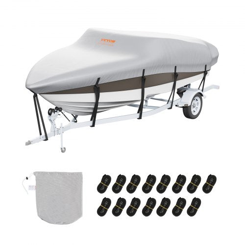 Grey waterproof boat cover on a 20-22 ft V-hull boat on trailer, with straps and storage bag.