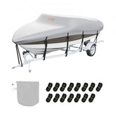 Grey waterproof boat cover on a 20-22 ft V-hull boat on trailer, with straps and storage bag.