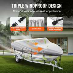 Grey waterproof boat cover on a 20-22 ft V-hull trailer, showing adjustable straps, elastic hem, and durable webbing.