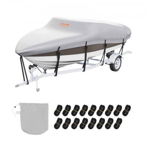 Grey waterproof 600D boat cover on a 23-24 ft trailerable boat with straps and storage bag.