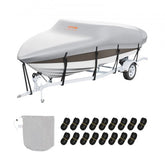 Grey waterproof 600D boat cover on a 23-24 ft trailerable boat with straps and storage bag.