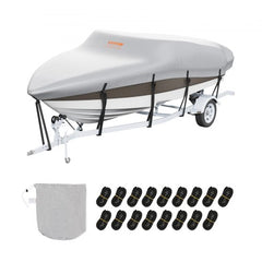 Grey waterproof 600D boat cover on a 23-24 ft trailerable boat with straps and storage bag.