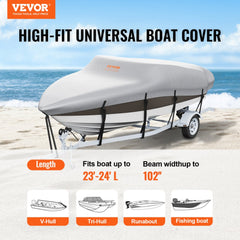 Grey waterproof 600D boat cover fitting 23-24 ft trailerable boats up to 102-inch beam.