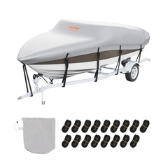 Grey waterproof 600D boat cover on a 23-24 ft trailerable boat with straps and storage bag.