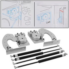 Pair of silver steel Lambo vertical door hinges with black gas struts and diagrams.