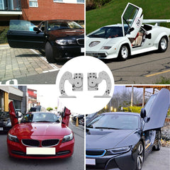 Collage of cars with vertical Lambo doors and Bostome steel hinge kit.