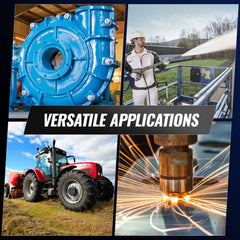 Four-panel image showing versatile applications of a 2HP 3-phase electric motor in industrial pumps, pressure washing, agriculture, and welding.