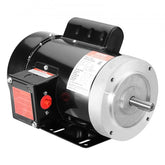 Black 1HP electric motor with 56C frame, silver shaft, and red reset button.