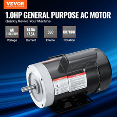 A black and silver 1HP electric motor with a keyed shaft, labeled with voltage, current, frame, and rotation details.