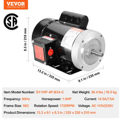 Bostome 1HP electric motor with 1725 RPM, AC 115V/230V, 56C frame, and black rolled-steel housing.