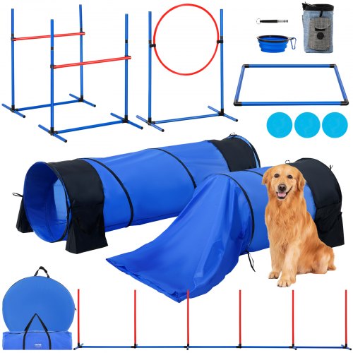 Blue 7-piece dog agility training set with hurdles, tunnel, jump ring, and accessories.