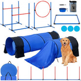 Blue 7-piece dog agility training set with hurdles, tunnel, jump ring, and accessories.