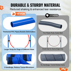 Comparison chart showing durable Bostome dog agility set with sturdy PVC poles, large hoop, and sandbag-secured tunnel versus flimsy alternatives.