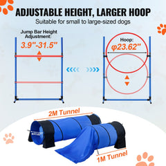 Dog agility training set with adjustable hurdles, jump ring, and tunnels.