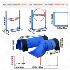Blue dog agility training set with hurdles, tunnels, and jump ring, shown with dimensions.