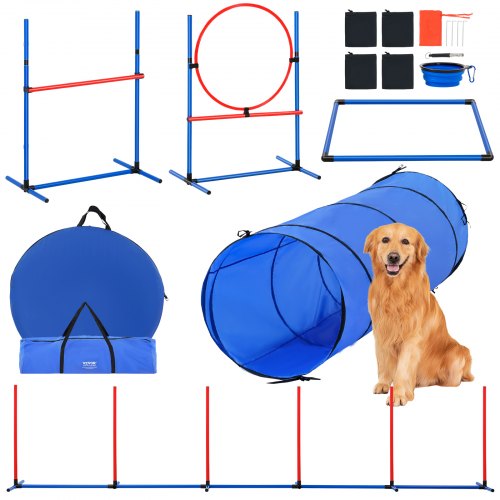 A dog agility training set with hurdles, a tunnel, weave poles, and accessories.