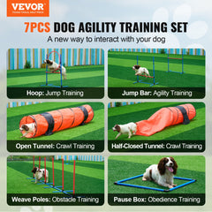7-piece dog agility training set with hurdles, tunnels, weaving poles, and a pause box.