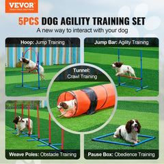 5-piece dog agility training set with hurdles, tunnel, weave poles, and pause box.