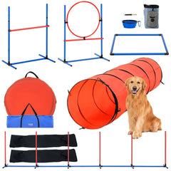 A 5-piece dog agility training set with blue hurdles, red tunnel, weave poles, jump ring, and a golden retriever.