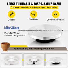 14-inch electric pottery wheel with aluminum alloy turntable, detachable water basin, and foot pedal.