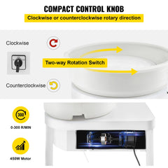 14-inch electric pottery wheel with 450W motor, two-way rotation knob, and foot pedal.