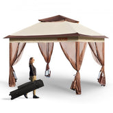 Khaki and brown 11x11ft pop-up gazebo with mosquito netting and a wheeled carrying bag.