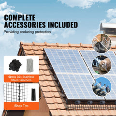 6in x 50ft PVC coated mesh solar panel bird guard with 50 stainless steel fasteners and zip ties.