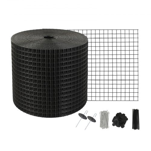 Roll of 6in x 100ft black PVC-coated mesh bird guard with stainless steel fasteners.