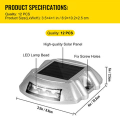 Diagram of a 12-pack solar driveway light showing dimensions, high-quality solar panel, LED lamp bead, and fix screw holes.