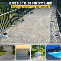 Bostome Solar Driveway Lights 16-Pack with blue LED bulbs and durable aluminum casing.