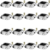 16-pack of white waterproof solar driveway lights with stakes.