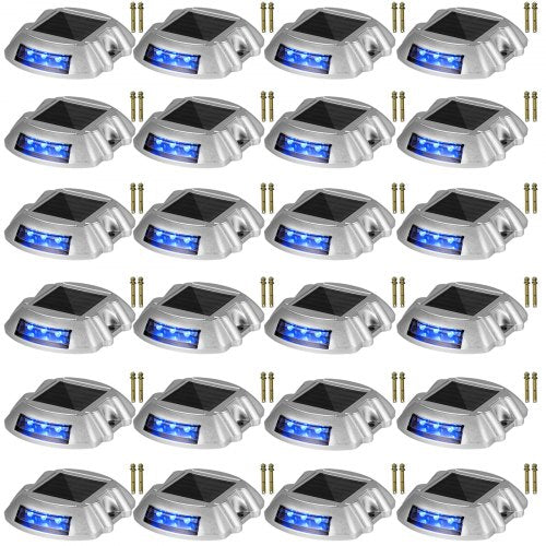 24-pack of waterproof blue LED solar driveway dock lights with mounting stakes.