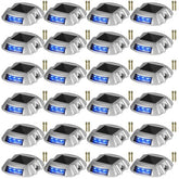 24-pack of waterproof blue LED solar driveway dock lights with mounting stakes.
