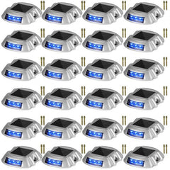 24-pack of waterproof blue LED solar driveway dock lights with mounting stakes.