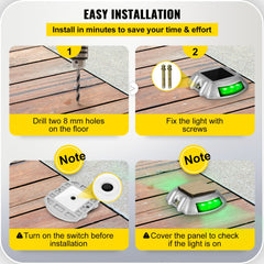 Infographic showing easy installation steps for Vevor 4-pack solar driveway lights, including drilling holes, fixing with screws, and turning on the switch.