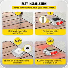 Four red LED solar-powered driveway lights with waterproof aluminum casing.