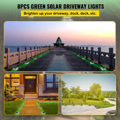Eight green LED solar driveway lights with waterproof IP68 rating and durable aluminum design.