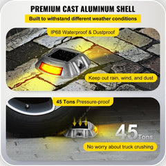 Eight orange LED solar driveway lights with IP68 waterproof rating and durable aluminum shell.